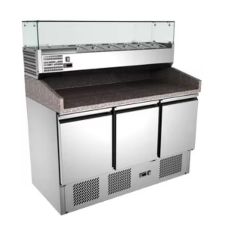 Elite World TPTZA11, Stainless Steel Pizza Preparation Counter with Top Cooling Unit (6 x 1/3 GN pans) and Bottom 3-Door Refrige