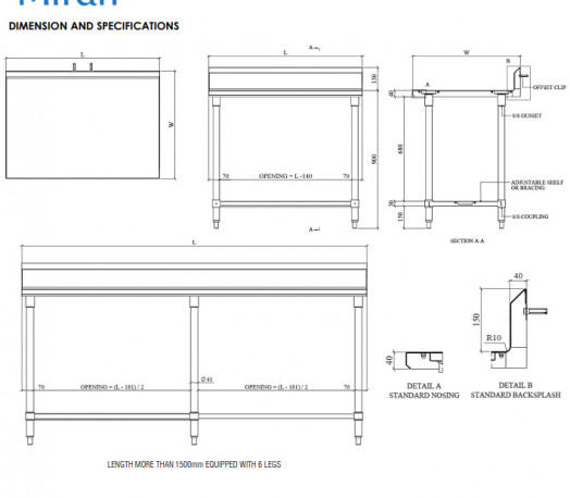 Buy Miran STS177090(BS40)BB, Stainless Steel Work Table, 1700 mm